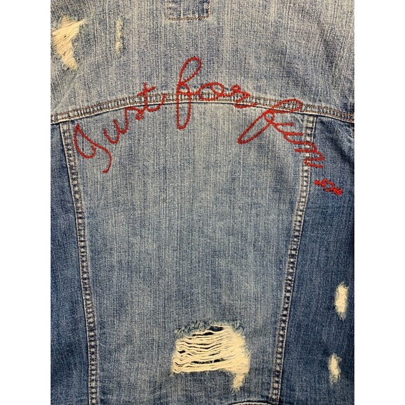 American Eagle (M) Blue Jean Denim Jacket Floral Wearable Art Distressed Pockets - Picture 12 of 16